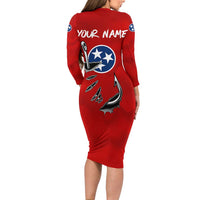 Tennessee Flag Fishing Family Matching Long Sleeve Bodycon Dress and Hawaiian Shirt with Ripped Hook Graphic and Triple Star Symbol in Red and Blue - Wonder Print Shop