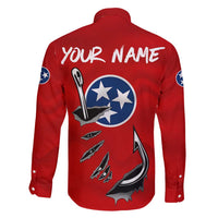 Tennessee Flag Fishing Family Matching Short Sleeve Bodycon Dress and Hawaiian Shirt with Ripped Hook Graphic and Triple Star Symbol in Red and Blue - Wonder Print Shop