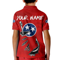 Tennessee Flag Fishing Kid Polo Shirt with Ripped Hook Graphic and Triple Star Symbol in Red and Blue - Wonder Print Shop