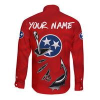 Tennessee Flag Fishing Long Sleeve Button Shirt with Ripped Hook Graphic and Triple Star Symbol in Red and Blue - Wonder Print Shop