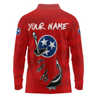 Tennessee Flag Fishing Long Sleeve Polo Shirt with Ripped Hook Graphic and Triple Star Symbol in Red and Blue - Wonder Print Shop