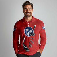 Tennessee Flag Fishing Long Sleeve Polo Shirt with Ripped Hook Graphic and Triple Star Symbol in Red and Blue - Wonder Print Shop