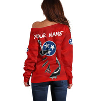 Tennessee Flag Fishing Off Shoulder Sweater with Ripped Hook Graphic and Triple Star Symbol in Red and Blue - Wonder Print Shop