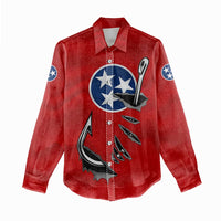 Tennessee Flag Fishing Women Casual Shirt with Ripped Hook Graphic and Triple Star Symbol in Red and Blue - Wonder Print Shop