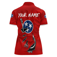 Tennessee Flag Fishing Women Polo Shirt with Ripped Hook Graphic and Triple Star Symbol in Red and Blue - Wonder Print Shop