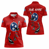 Tennessee Flag Fishing Women Polo Shirt with Ripped Hook Graphic and Triple Star Symbol in Red and Blue - Wonder Print Shop