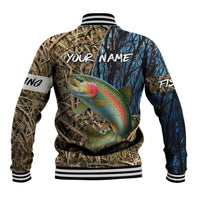 Rainbow Trout Fishing Baseball Jacket with Camouflage Reeds and Forest Background in Nature-Inspired Colors - Wonder Print Shop