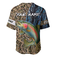 Rainbow Trout Fishing Baseball Jersey with Camouflage Reeds and Forest Background in Nature-Inspired Colors - Wonder Print Shop