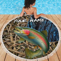 Rainbow Trout Fishing Beach Blanket with Camouflage Reeds and Forest Background in Nature-Inspired Colors - Wonder Print Shop