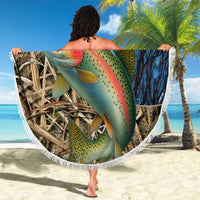 Rainbow Trout Fishing Beach Blanket with Camouflage Reeds and Forest Background in Nature-Inspired Colors - Wonder Print Shop