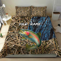 Rainbow Trout Fishing Bedding Set with Camouflage Reeds and Forest Background in Nature-Inspired Colors - Wonder Print Shop