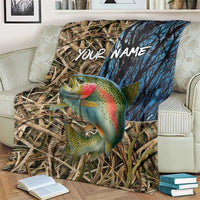 Rainbow Trout Fishing Blanket with Camouflage Reeds and Forest Background in Nature-Inspired Colors - Wonder Print Shop