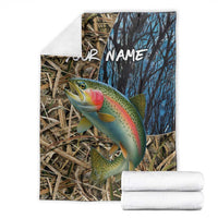 Rainbow Trout Fishing Blanket with Camouflage Reeds and Forest Background in Nature-Inspired Colors - Wonder Print Shop