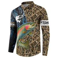 Rainbow Trout Fishing Button Sweatshirt with Camouflage Reeds and Forest Background in Nature-Inspired Colors - Wonder Print Shop