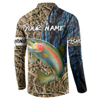 Rainbow Trout Fishing Button Sweatshirt with Camouflage Reeds and Forest Background in Nature-Inspired Colors - Wonder Print Shop