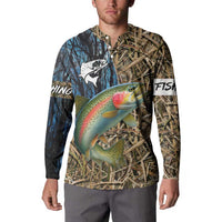 Rainbow Trout Fishing Button Sweatshirt with Camouflage Reeds and Forest Background in Nature-Inspired Colors - Wonder Print Shop
