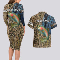 Rainbow Trout Fishing Couples Matching Long Sleeve Bodycon Dress and Hawaiian Shirt with Camouflage Reeds and Forest Background in Nature-Inspired Colors - Wonder Print Shop