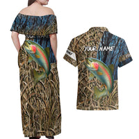 Rainbow Trout Fishing Couples Matching Off Shoulder Maxi Dress and Hawaiian Shirt with Camouflage Reeds and Forest Background in Nature-Inspired Colors - Wonder Print Shop