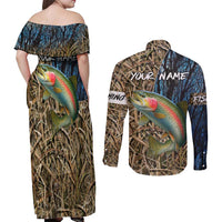 Rainbow Trout Fishing Couples Matching Off Shoulder Maxi Dress and Long Sleeve Button Shirt with Camouflage Reeds and Forest Background in Nature-Inspired Colors - Wonder Print Shop