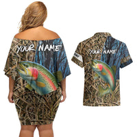 Rainbow Trout Fishing Couples Matching Off Shoulder Short Dress and Hawaiian Shirt with Camouflage Reeds and Forest Background in Nature-Inspired Colors - Wonder Print Shop