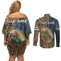 Rainbow Trout Fishing Couples Matching Off Shoulder Short Dress and Long Sleeve Button Shirt with Camouflage Reeds and Forest Background in Nature-Inspired Colors - Wonder Print Shop