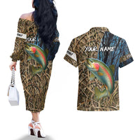 Rainbow Trout Fishing Couples Matching Off The Shoulder Long Sleeve Dress and Hawaiian Shirt with Camouflage Reeds and Forest Background in Nature-Inspired Colors - Wonder Print Shop