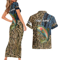 Rainbow Trout Fishing Couples Matching Short Sleeve Bodycon Dress and Hawaiian Shirt with Camouflage Reeds and Forest Background in Nature-Inspired Colors - Wonder Print Shop