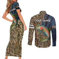 Rainbow Trout Fishing Couples Matching Short Sleeve Bodycon Dress and Long Sleeve Button Shirt with Camouflage Reeds and Forest Background in Nature-Inspired Colors - Wonder Print Shop