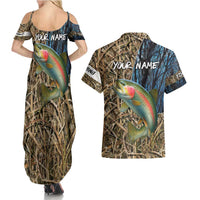 Rainbow Trout Fishing Couples Matching Summer Maxi Dress and Hawaiian Shirt with Camouflage Reeds and Forest Background in Nature-Inspired Colors - Wonder Print Shop