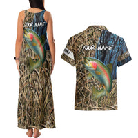 Rainbow Trout Fishing Couples Matching Tank Maxi Dress and Hawaiian Shirt with Camouflage Reeds and Forest Background in Nature-Inspired Colors - Wonder Print Shop