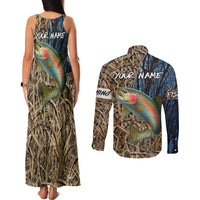 Rainbow Trout Fishing Couples Matching Tank Maxi Dress and Long Sleeve Button Shirt with Camouflage Reeds and Forest Background in Nature-Inspired Colors - Wonder Print Shop