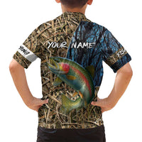 Rainbow Trout Fishing Family Matching Long Sleeve Bodycon Dress and Hawaiian Shirt with Camouflage Reeds and Forest Background in Nature-Inspired Colors - Wonder Print Shop