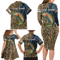 Rainbow Trout Fishing Family Matching Long Sleeve Bodycon Dress and Hawaiian Shirt with Camouflage Reeds and Forest Background in Nature-Inspired Colors - Wonder Print Shop