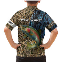 Rainbow Trout Fishing Family Matching Mermaid Dress and Hawaiian Shirt with Camouflage Reeds and Forest Background in Nature-Inspired Colors - Wonder Print Shop