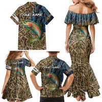 Rainbow Trout Fishing Family Matching Mermaid Dress and Hawaiian Shirt with Camouflage Reeds and Forest Background in Nature-Inspired Colors - Wonder Print Shop