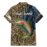 Rainbow Trout Fishing Family Matching Mermaid Dress and Hawaiian Shirt with Camouflage Reeds and Forest Background in Nature-Inspired Colors - Wonder Print Shop