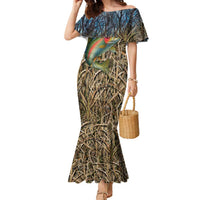 Rainbow Trout Fishing Family Matching Mermaid Dress and Hawaiian Shirt with Camouflage Reeds and Forest Background in Nature-Inspired Colors - Wonder Print Shop