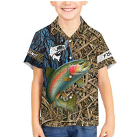 Rainbow Trout Fishing Family Matching Mermaid Dress and Hawaiian Shirt with Camouflage Reeds and Forest Background in Nature-Inspired Colors - Wonder Print Shop