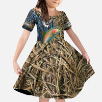 Rainbow Trout Fishing Family Matching Off The Shoulder Long Sleeve Dress and Hawaiian Shirt with Camouflage Reeds and Forest Background in Nature-Inspired Colors - Wonder Print Shop