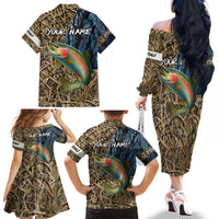 Rainbow Trout Fishing Family Matching Off The Shoulder Long Sleeve Dress and Hawaiian Shirt with Camouflage Reeds and Forest Background in Nature-Inspired Colors - Wonder Print Shop