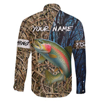 Rainbow Trout Fishing Family Matching Off Shoulder Maxi Dress and Hawaiian Shirt with Camouflage Reeds and Forest Background in Nature-Inspired Colors - Wonder Print Shop