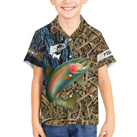Rainbow Trout Fishing Family Matching Off Shoulder Maxi Dress and Hawaiian Shirt with Camouflage Reeds and Forest Background in Nature-Inspired Colors - Wonder Print Shop