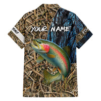 Rainbow Trout Fishing Family Matching Off Shoulder Short Dress and Hawaiian Shirt with Camouflage Reeds and Forest Background in Nature-Inspired Colors - Wonder Print Shop
