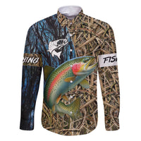 Rainbow Trout Fishing Family Matching Off Shoulder Short Dress and Hawaiian Shirt with Camouflage Reeds and Forest Background in Nature-Inspired Colors - Wonder Print Shop