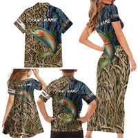 Rainbow Trout Fishing Family Matching Short Sleeve Bodycon Dress and Hawaiian Shirt with Camouflage Reeds and Forest Background in Nature-Inspired Colors - Wonder Print Shop