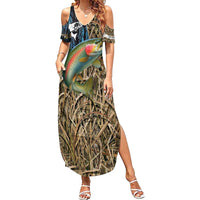 Rainbow Trout Fishing Family Matching Summer Maxi Dress and Hawaiian Shirt with Camouflage Reeds and Forest Background in Nature-Inspired Colors - Wonder Print Shop