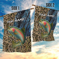 Rainbow Trout Fishing Garden Flag with Camouflage Reeds and Forest Background in Nature-Inspired Colors - Wonder Print Shop