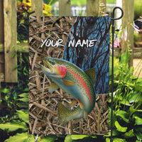 Rainbow Trout Fishing Garden Flag with Camouflage Reeds and Forest Background in Nature-Inspired Colors - Wonder Print Shop