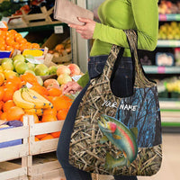 Rainbow Trout Fishing Grocery Bag with Camouflage Reeds and Forest Background in Nature-Inspired Colors - Wonder Print Shop