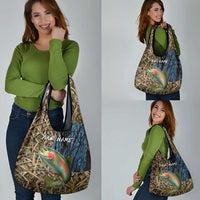 Rainbow Trout Fishing Grocery Bag with Camouflage Reeds and Forest Background in Nature-Inspired Colors - Wonder Print Shop